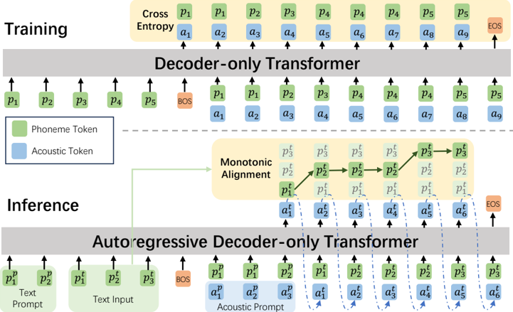 The training and autoregressive inference process of proposed VALL-E R. In the training process, it enhances alignment between phonemes and acoustic by incorporating phoneme prediction with teacher-forcing. And the inference process will generate the sequences monotonically based on phonemes of text input.