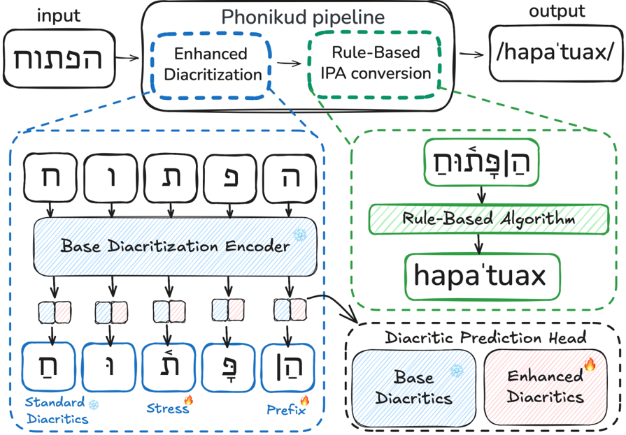 The Phonikud grapheme-to-phoneme pipeline. Phonikud converts unvocalized Hebrew text into fully-specified IPA in two steps: First, an enhanced diacritization module adds standard vowel marks and enhanced phonetic symbols to each letter. This uses a frozen base diacritization model and its per-character prediction head, augmented with a trainable linear adaptor for predicting enhanced diacritics that disambiguate phonetic ambiguities. Second, a rule-based transformation module converts this text into IPA, which may be used to train small, real-time TTS models.