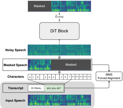 Fig. 1. Training framework of Cross-Lingual F5-TTS. MMS forced alignment produces word boundaries for training data, where the left segment serves as transcript-free audio prompt and the mel spectrogram of the right segment is masked for prediction.