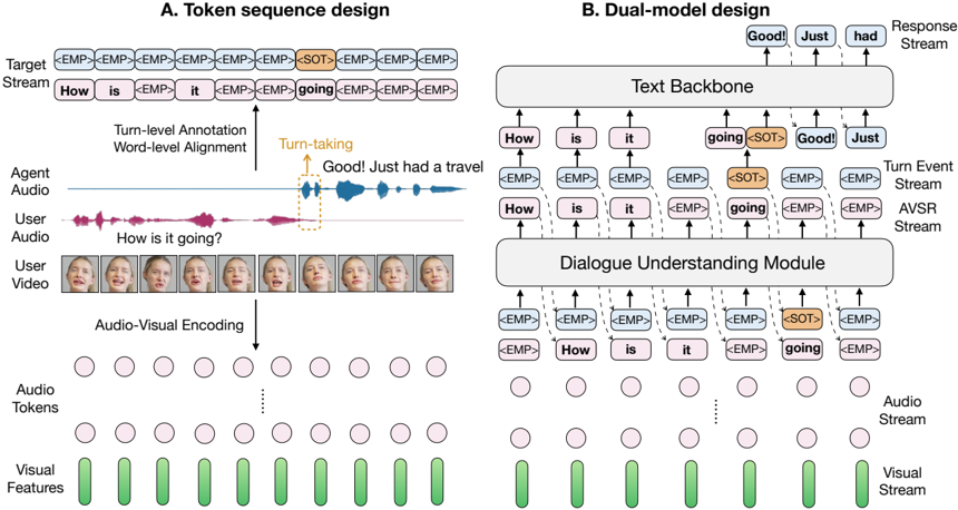 Token sequence and dual-model design. A. We use a DAC tokenizer to encode audio into 16 audio token streams and use AV-HuBERT to convert video to continuous visual features. We use turn-level annotation and word-level alignment to generate the target output text stream. B. shows our dual-model pipeline for AV-dialog. The AV dialogue understanding module recognizes user speech and detects potential turn-taking events, while the text backbone generates high-quality responses once turn-taking is triggered.