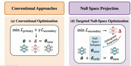 An illustration of null-space constrained editing. The pronunciation correction is applied in directions orthogonal to the subspace representing general speech characteristics, ensuring invariance of non-target behavior.