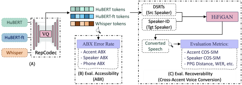 Proposed pipeline for evaluating the recoverability and accessibility of accent, speaker, and phonetic information in various Discrete Speech Representation Tokens (DSRTs).